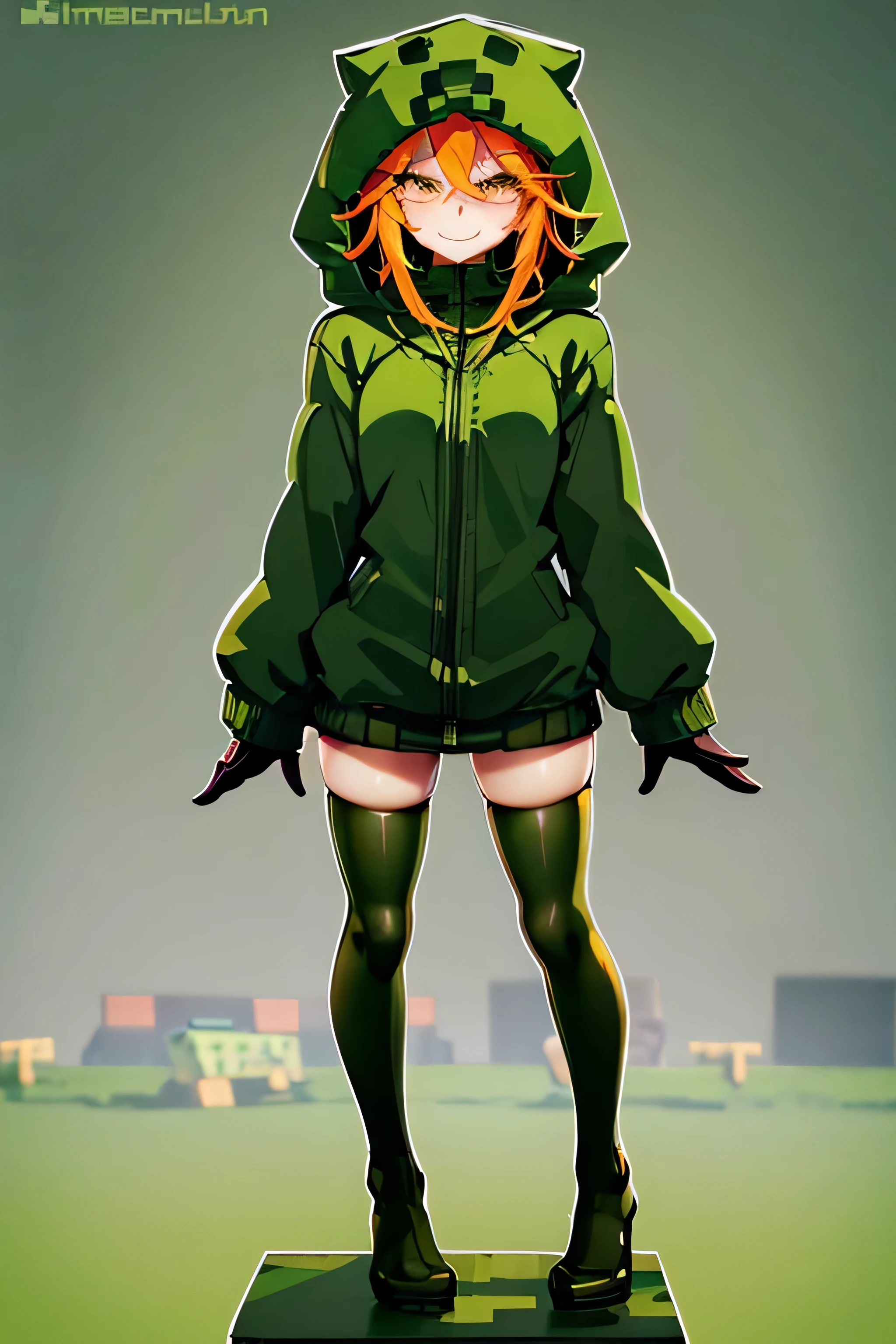 anime girl, creeper girl, orange hair, yellow eyes, blush, cute smile, slim figure, slender legs, long green hoodie, hood, green mini skirt, dark green stockings, small breasts, minecraft plains