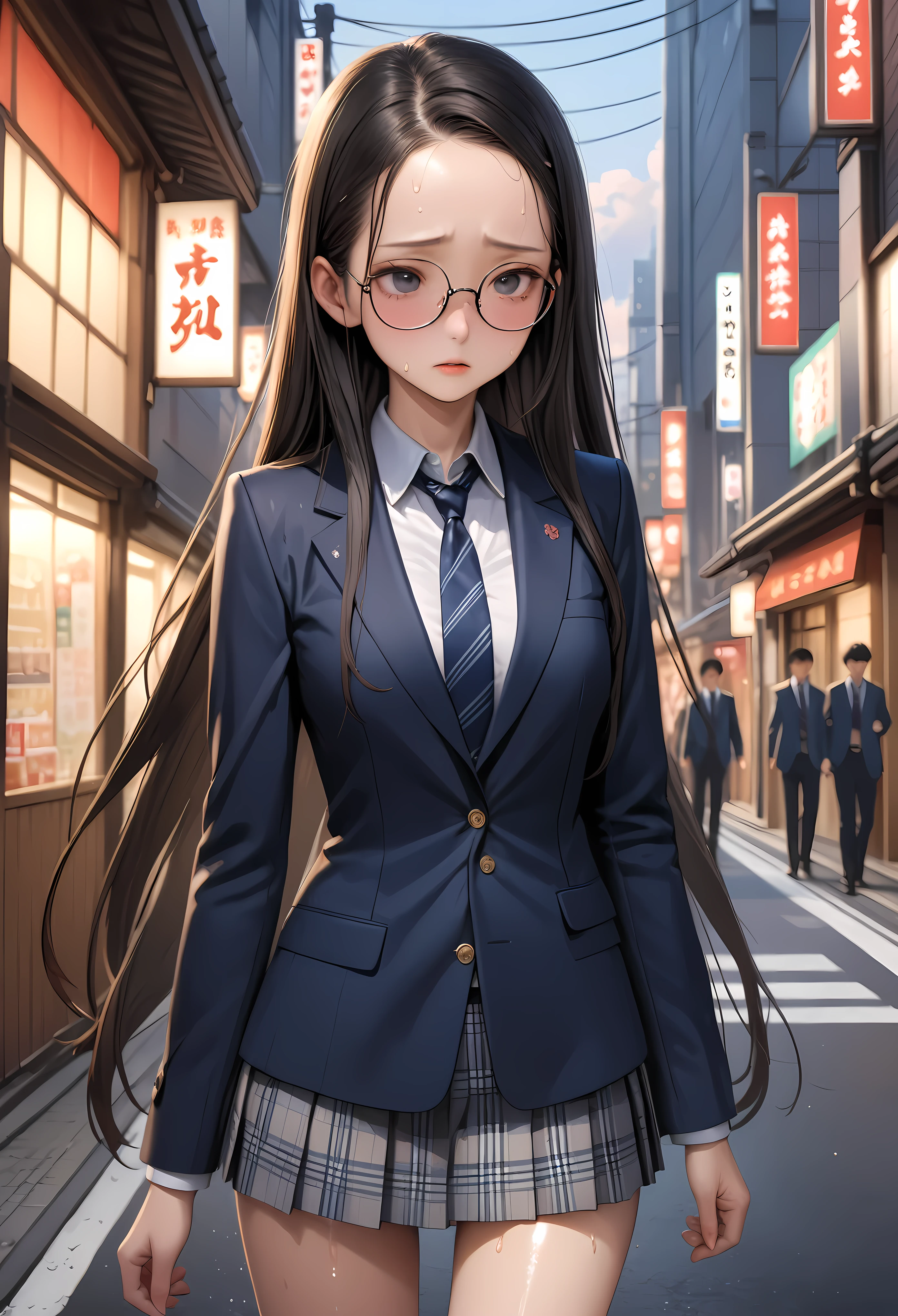 ((masterpiece,Highest quality:1.3,best illustration,realistic)),cowboy shot,1woman、solo,25 year old Japanese beauty,((very small head:1.3)),center parted bangs,forehead,black hair,long hair,black eyes,gorgeous eyes,Black-rimmed glasses,blush,shy,medium breasts,((very long body:1.3)),((toned body,slender body,skinny)),gleaming skin,shiny skin,oily skin,sweat,(School uniform、Dark blue blazer jacket、Navy blue tie、Grey plaid pleated mini skirt),on street,Tokyo、