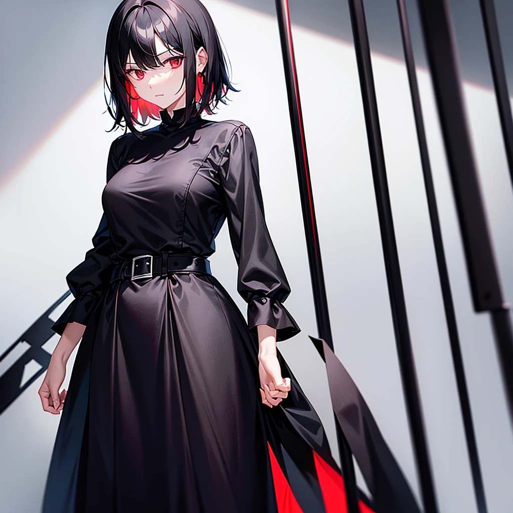 A woman with medium length black hair and ruby red eyes, wearing black clothes, standing, folding and killing a person 