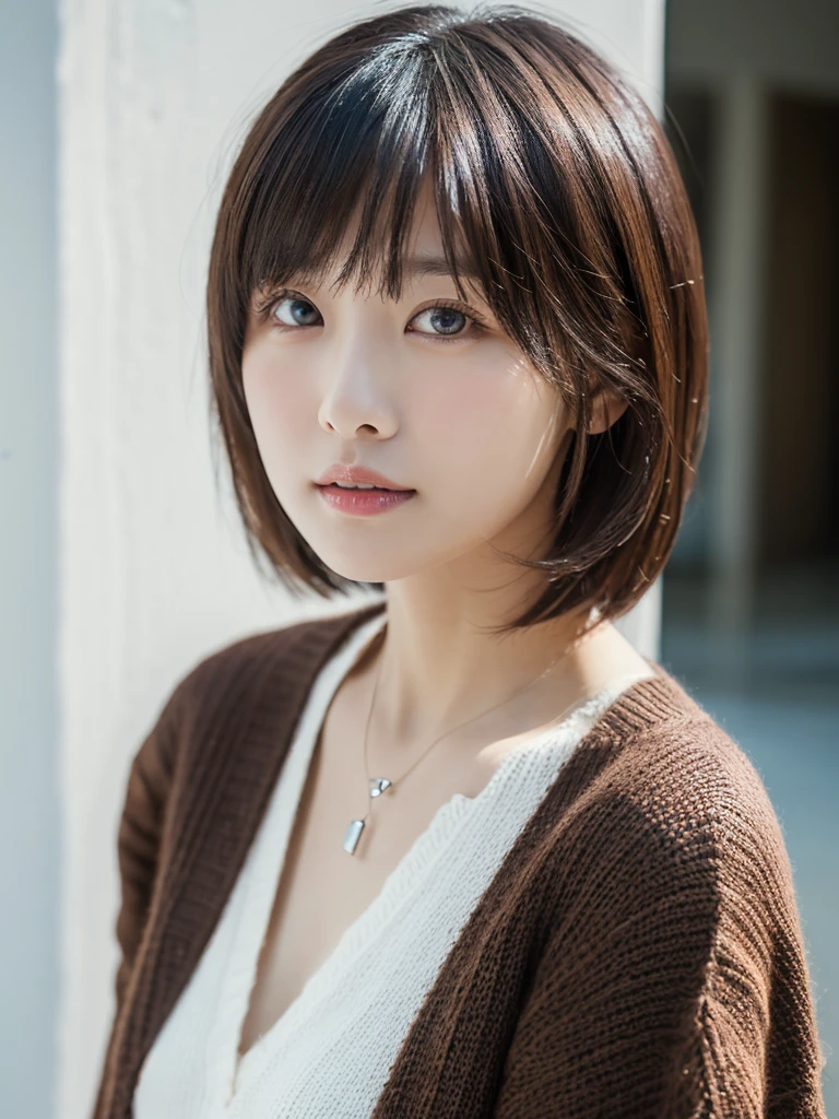 ((Tabletop,Highest quality)), (Like the picture:1.4),((Tabletop,8K))、White wall、(White Room)、((Full body photo))、Photographed in natural light、Highly detailed face and skin texture、Highly detailed lips、The correct state of the human body、Ultra-high resolution、(Photorealistic:1.4)、Highest quality, One beautiful woman, 28 years old, s, 250mm lens、Light Yellow Knit、(Dark brown medium short hair)、Japanese women、(Dark brown hair)、Various poses、Looking into the camera、Natural color lip、Winter clothes、 necklace、Facing forward、Bangs down