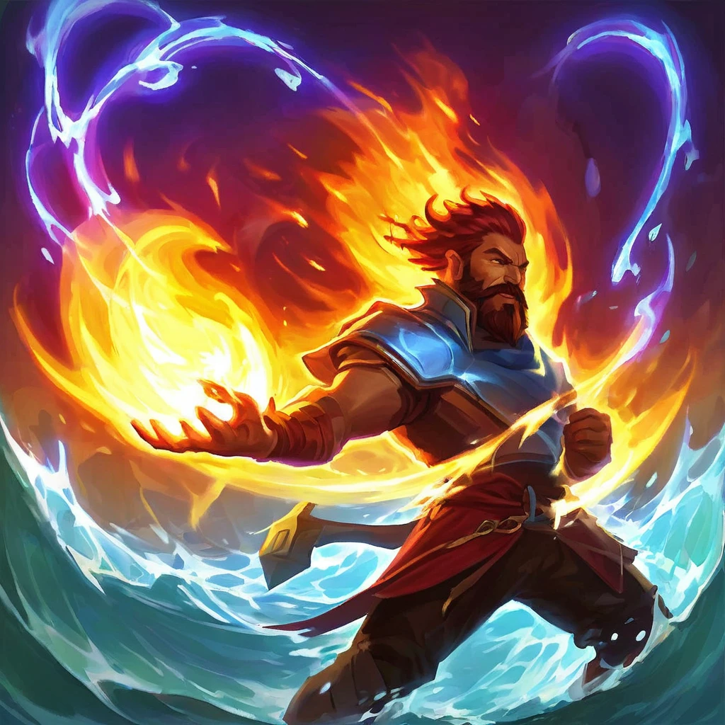 I want an icon of a character, mastering the Fire elements, thunder, water, earth and air
