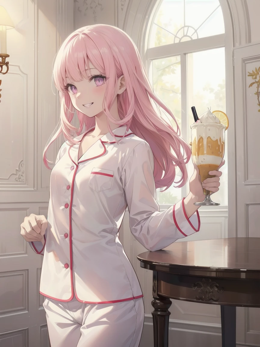(masterpiece, best quality), ultra high resolution, (best quality photorealistic illustration), (ultra detailed), (cute illustration: 1.3), (high saturation: 1.2), detailed beautiful face and eyes, highly detailed background, dynamic lighting, (very delicate and beautiful), nice hands, perfect hands, (proper posture), (proper composition), ideal body proportions, ((single girl)), 
solo, (holding alcohol), (front view: 1.2), dynamic angle, face to face table at home, 
 date, (manga style), (line art_animation), (cowboy shot, best quality), (photo of laura bud: 1.2), (add details of laura: 1.0), 8k, flat color: 0.8, 
single girl, grinning, (gelato pique, fluffy white pajamas,  room background, 1.5), pink hair, long hair, beautifully detailed pink eyes, tall stature, skinny body, delighted, grin