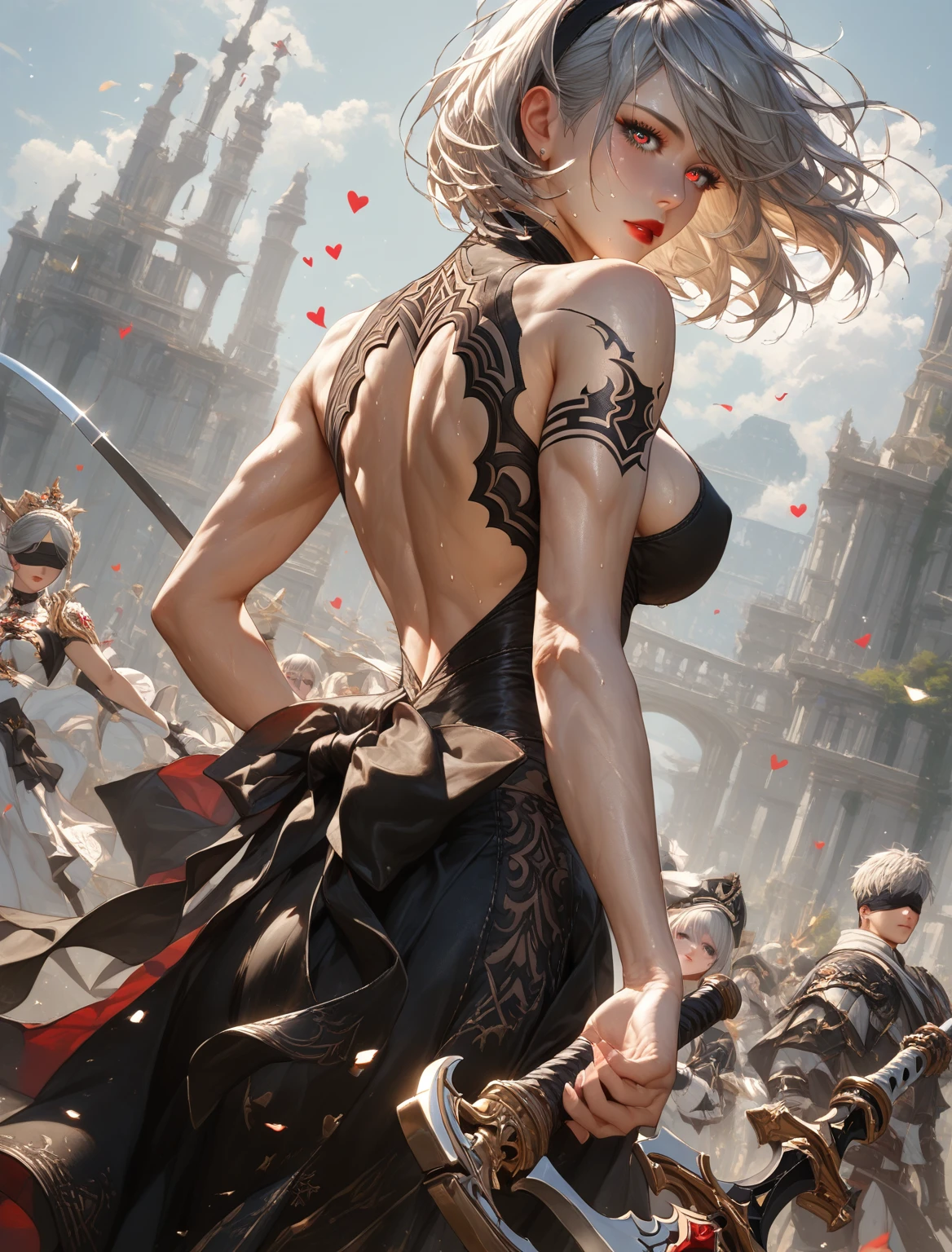 score_9, score_8_up, score_7_up, score_6_up, uncensored, 2b, nier automata, silver hair, short hair, blindfold, sweating, BREAK (masterpiece:1.2), best quality, high resolution, (detailed eyes:1.3), perfect lighting, (perfect hands, perfect anatomy), hearts, pleasured, (large breasts), rating:safe, 1girl, solo, bow_(weapon), muscle, weapon, back, breasts, tattoo, muscular_female, from_behind, looking_back, quiver, expressionless, red lips,