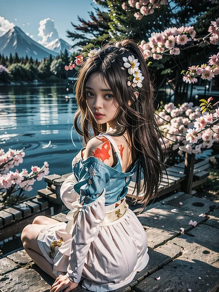 full body photography. from side view and from above angle. a 20 yo. Indonesian women. Brown hair with voluminous layers. little chubby. Wearing a kebaya with open shoulders in cream color. Brown elaborate sheath. woman sitting with her back to the cherry tree. surrounded by falling cherry blossoms. mountain. rainbow. bird in the sky.