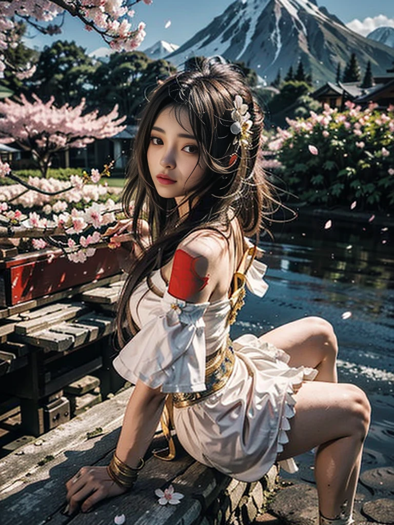 full body photography. from side view and from above angle. a 20 yo. Indonesian women. Brown hair with voluminous layers. little chubby. Wearing a kebaya with open shoulders in cream color. Brown elaborate sheath. woman sitting with her back to the cherry tree. surrounded by falling cherry blossoms. mountain. rainbow. bird in the sky.