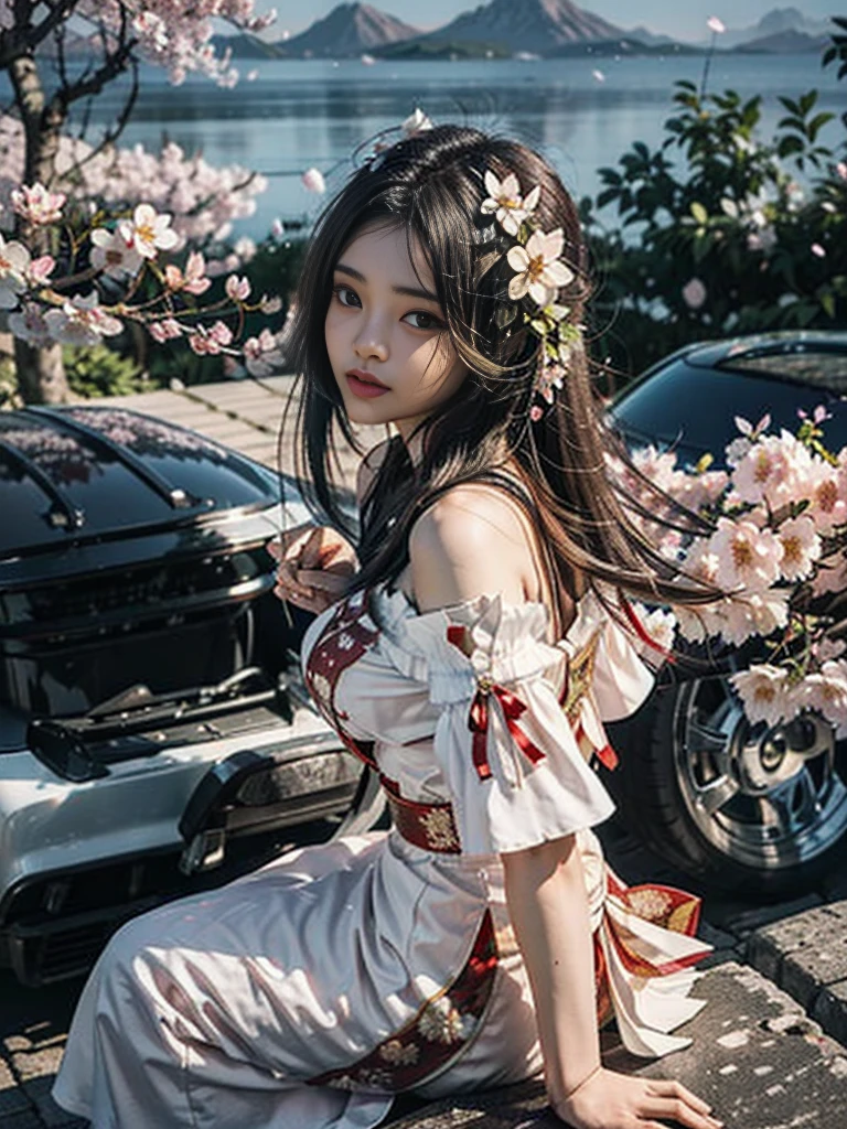 full body photography. from side view and from above angle. a 20 yo. Indonesian women. Brown hair with voluminous layers. little chubby. Wearing a  kebaya with open shoulders in cream color. Brown elaborate sheath. woman sitting with her back to the cherry tree. surrounded by falling cherry blossoms. mountain. rainbow. bird in the sky.