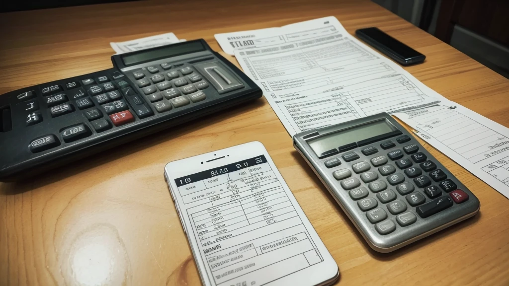 A calculator on a table with an arm on the table checking the numbers (sheet with numbers, and a hand on top, with the finger indicating the number and the other hand on top of the calculator)