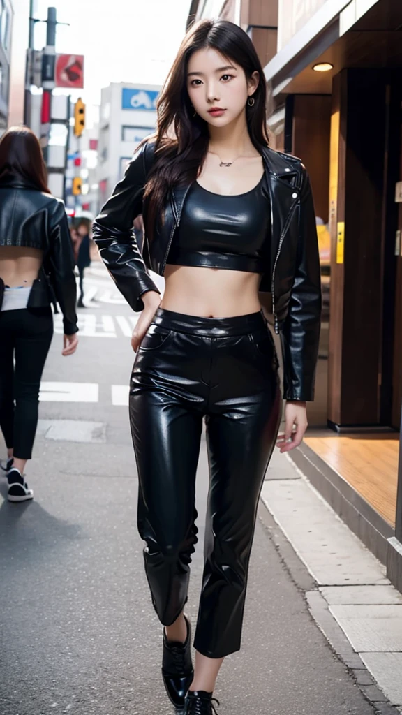 20 year old Japanese girl, wearing a black leather jacket, black trousers, black shoes, black crop top, has a slim stomach, long black hair, photo in the city, 8k masterpiece, detail,