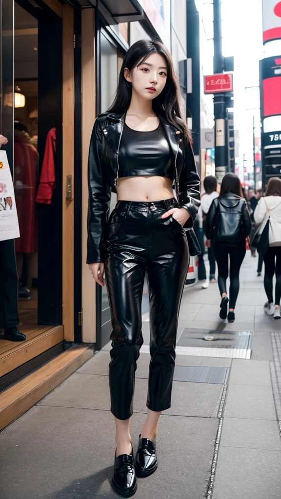 20 year old Japanese girl, wearing a black leather jacket, black trousers, black shoes, black crop top, has a slim stomach, long black hair, photo in the city, 8k masterpiece, detail,