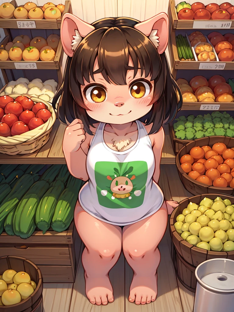 cat girl,black long hair,wavy hair,pink fur,ultra detailed fur,naked,exhibitionism,fingering,supermarket interior,vegetable zone,among the crowd,smile,open mouth,full face blush,plenty pussy juice,spread pussy,low angle