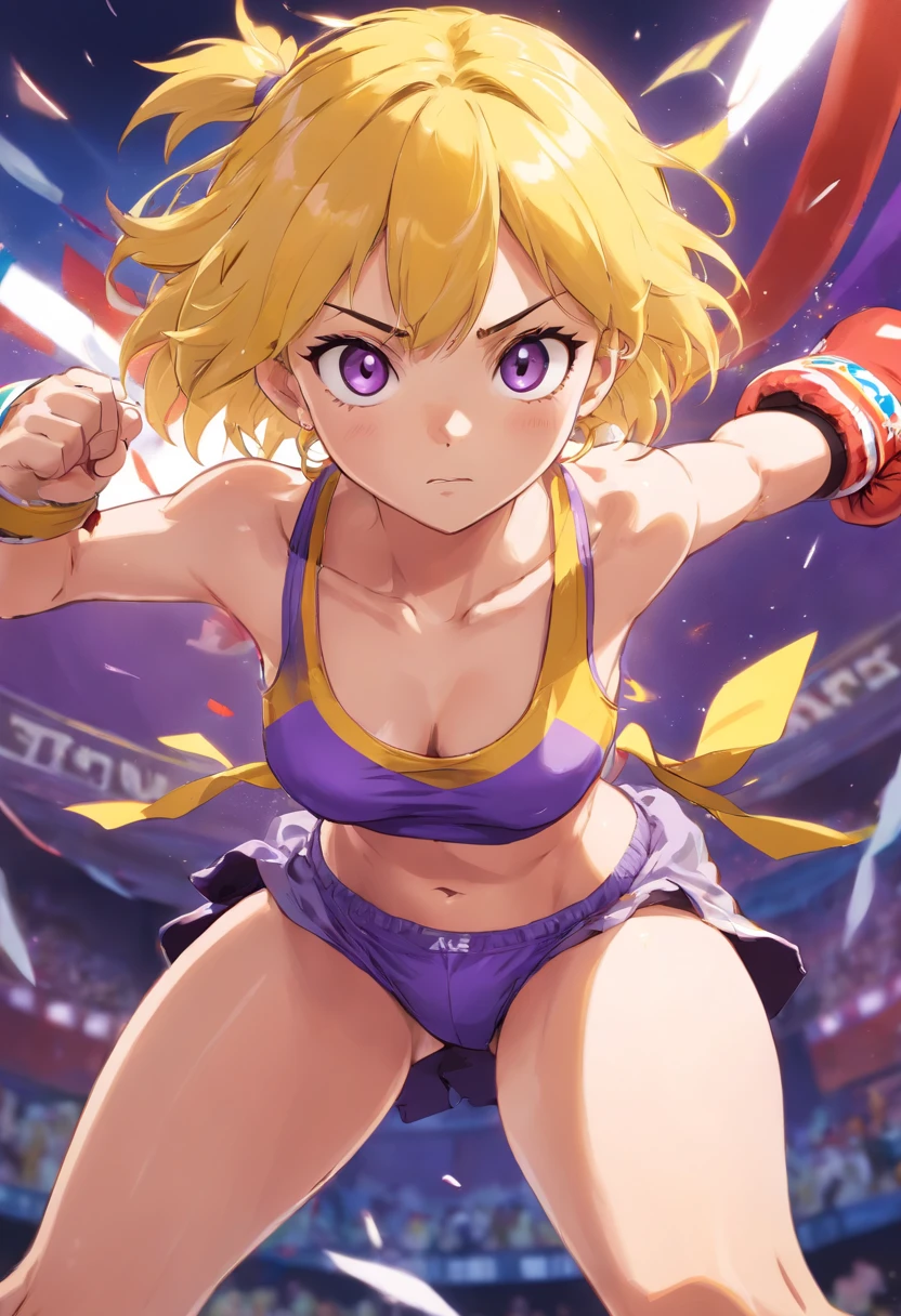 an athletic girl, flat chest, yellow hair, short messy hair, purple eyes, wearing only underwear, punk, tough and aggressive, boxing wraps around hands legs spreading