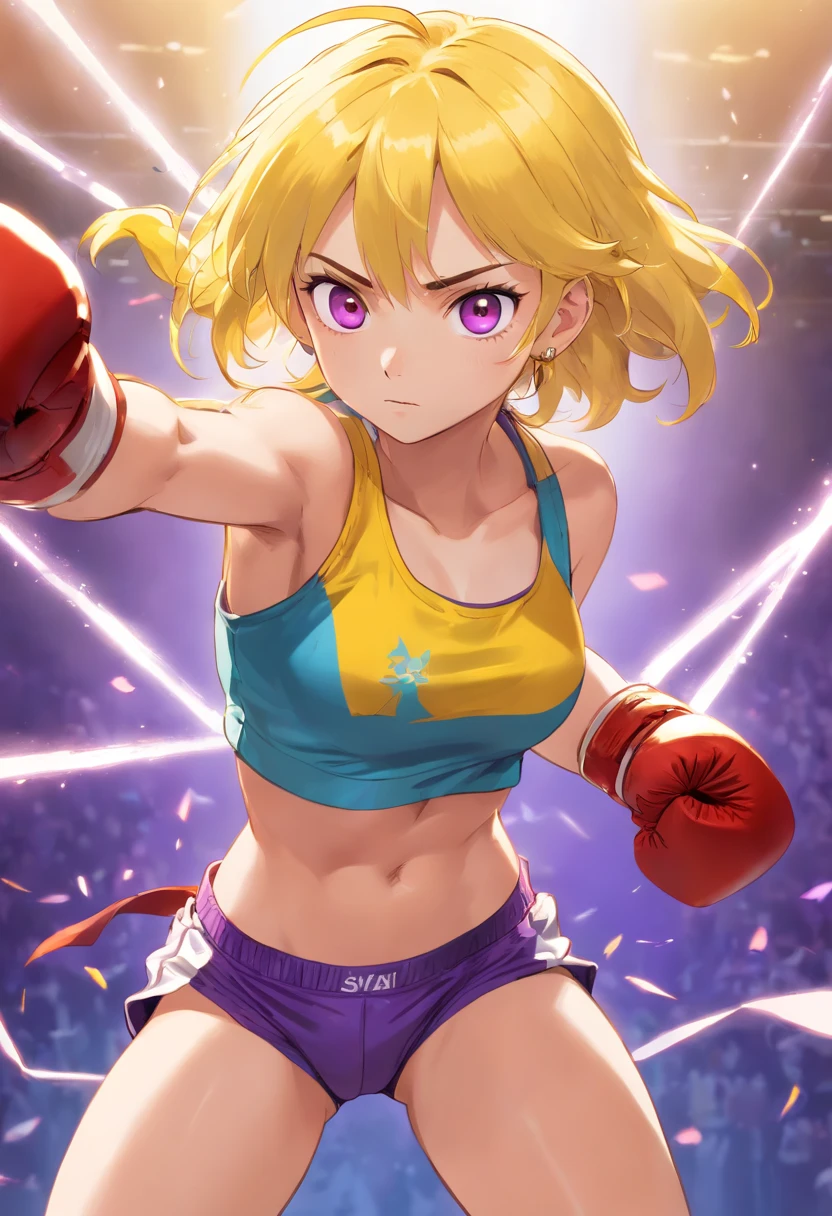 an athletic girl, flat chest, yellow hair, short messy hair, purple eyes, wearing only underwear, punk, tough and aggressive, boxing wraps around hands legs spreading