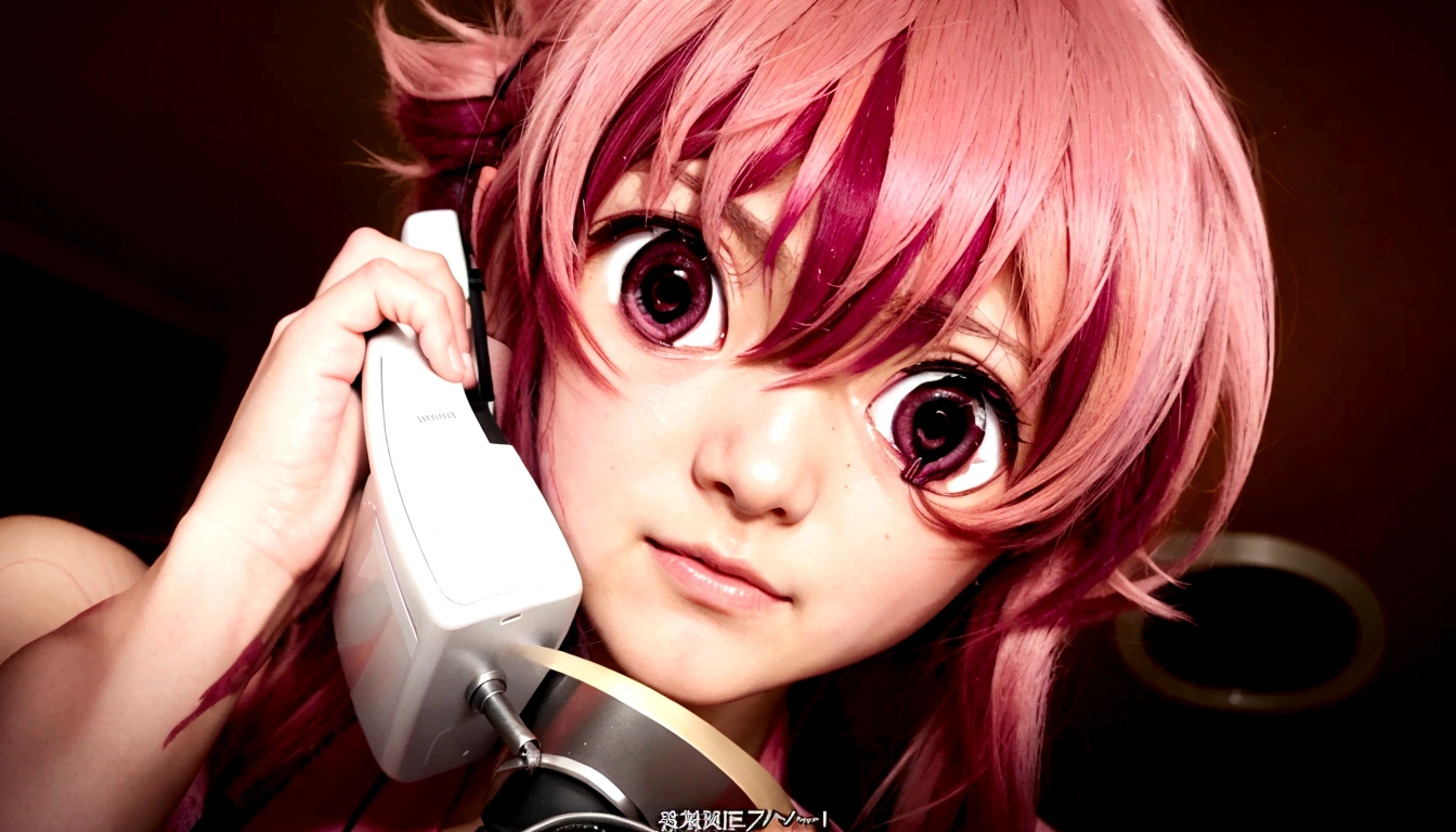 anime girl with pink hair talking on a desk phone, mirai nikki, anime girl named gasai yuno, realistic pink eyes, gasai yuno, close up of mirai nikki, gasai yuno, gasai yuno, she has a cute expressive face, gasai yuno, screenshot from an Anime from 2012, in an anime scene, scene!!, shocking.