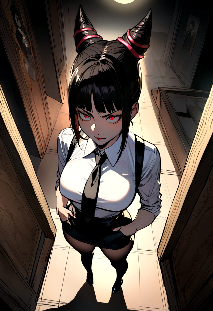 juri han,hands in pocket,work of art, tight white secretary shirt with black tie, black high waist skirt, short skirt,stocking, black hair, black tightscary sun,office,bangs on the eyes,lighting,horn of hair,view from above,evil smile,Linda,staring overhead
