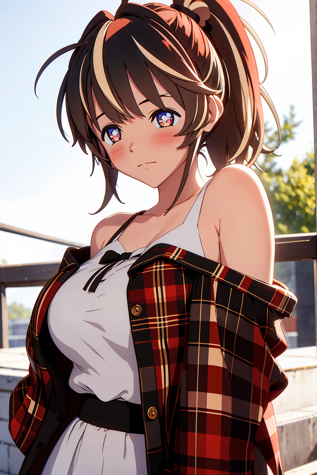 Anna yamada, , large breast, 1girl, ponytail, black hair, plaid, long hair, solo, brown eyes, blush, breasts, bangs, closed mouth, bare shoulders, highest quality, high resolution.