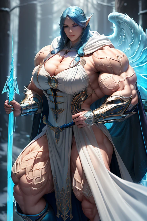 ((((Massive, tall, beautiful, buff, muscular pale white skinned woman mage with royal blue hair, huge angel wings, ginormous bulky muscles, holding a wind mage staff and wearing a beautiful hooded black enchanted robe with long long skirt)))), (close-up view), vascular, massive muscle, massive biceps, hyper muscle shoulders, hyper muscle triceps, (long wavy curly hair), white eyes, (wearing a long extremely intricate robes, long magical robes), (black mage boots), smirk, black gauntlets, (in a windy sky forest), evening, Vascular arms, hyper vascular arm, hyper muscles arms, hyper muscle legs, massive arms.