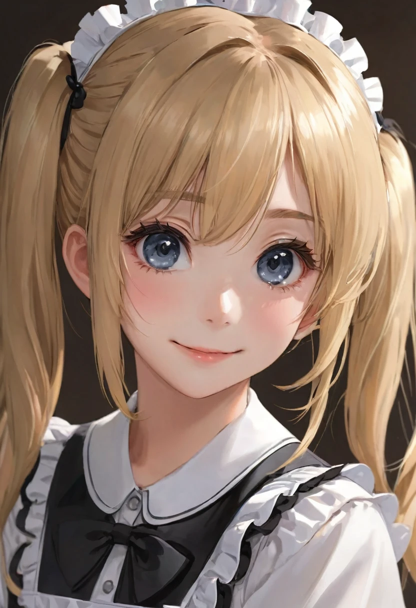18 years old beautiful girl, long_twintails, big eyes, Large Breasts, tiny and cute, 8K, Top quality, (Very detailed head: 1.0), (Very detailed face: 1.0), Maid uniform, Highly detailed official artwork, Anime cute art style, Clean and detailed anime art, Smile, blond,