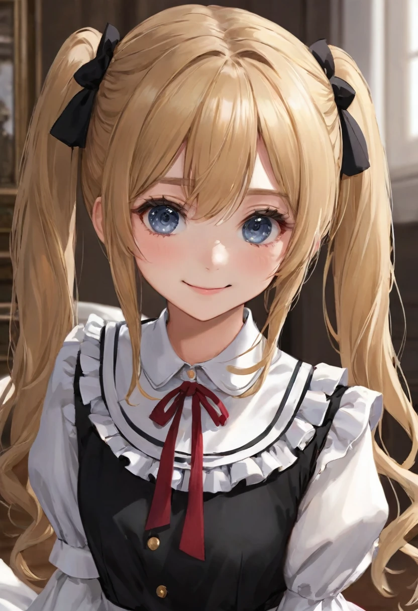 18 years old beautiful girl, long_twintails, big eyes, Large Breasts, tiny and cute, 8K, Top quality, (Very detailed head: 1.0), (Very detailed face: 1.0), Maid uniform, Highly detailed official artwork, Anime cute art style, Clean and detailed anime art, Smile, blond, 