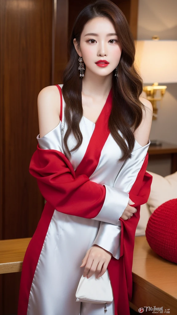 (lifelike, high resolution:1.3), The girl with cherry-red lips,A silver tassel necklace around the neck,Shoulder-length hair playfully curled up,Wearing a modern modified version of the Tang suit,A fusion of tradition and fashion,Healthy, rosy complexion,Unique style yet elegant,The colors are bright and lively,Like a modern poem。