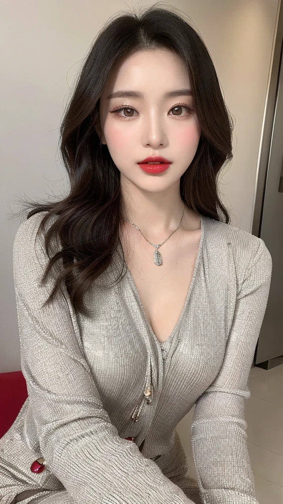 （lifelike， high resolution：1.3）， The girl with cherry-red lips，A silver tassel necklace around the neck，Shoulder-length hair playfully curled up，Wearing a modern modified version of the Tang suit，A fusion of tradition and fashion，Healthy, rosy complexion，Unique style yet elegant，The colors are bright and lively，Like a modern poem。