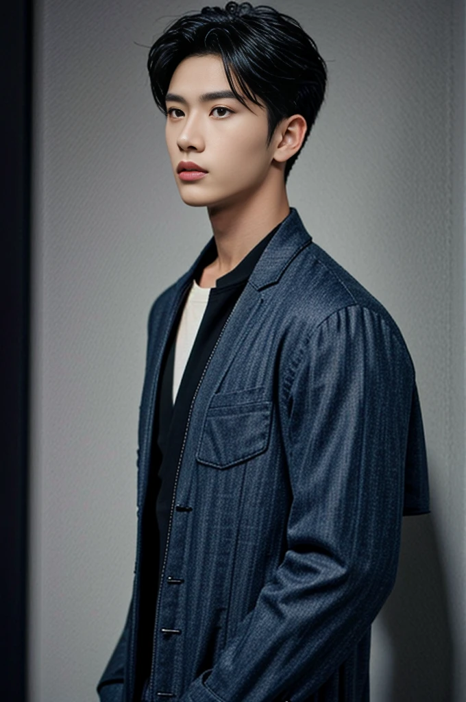 (masterpiece:1.21),(bestquality:1.21),8k,high detailed,ultra-detailed,photography,award winning,documentary,realistic,crystal clear,8K UHD,high detail,ultra-realistic,1boy,solo,male focus,slim asian male,tall,thin,black eyes,solid eyes,thick eyebrows,Real Skin Texture,Textured Male Haircut,(wearing fashion male clothing:1.44),portrait,Gloom,