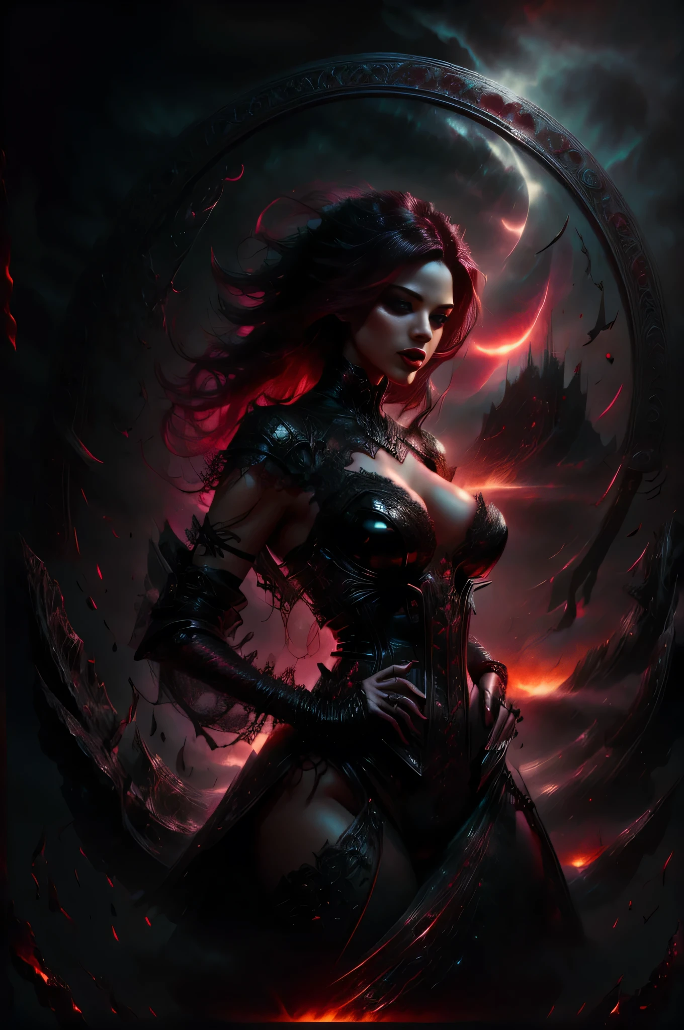 In a stunning display of avant-garde fashion and design, a sultry femme fatale emerges. Clad in a sleek leather corset and lingerie, she exudes an aura of allure and empowerment. The contrast between her dark sultry silhouette and the vibrant backdrop of fiery crimson and icy silver creates a mesmerizing composition worthy of a high-fashion editorial spread.