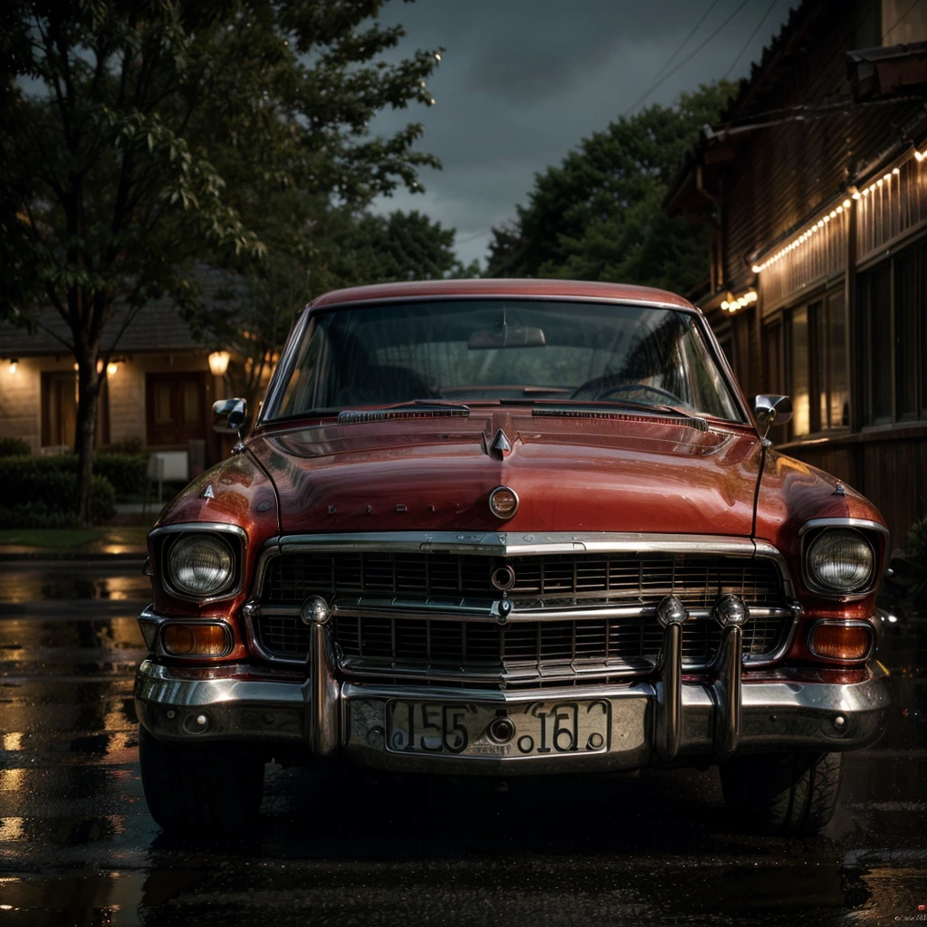 A stunning cinematic image of a classic Cadillac, with a glistening gradient of red, blue, and orange paint. The car is parked on a narrow, winding road, with raindrops still visible on the surface. A young man sits in the front of car, smoking a cigarette, his face clean-shaven and expression calm. The scene takes place on a chilly night, with an atmosphere of nostalgia and melancholy. The photo is captured in ultra-high-definition 32K, offering exceptional clarity and depth, transporting the viewer into this evocative moment., cinematic, photo