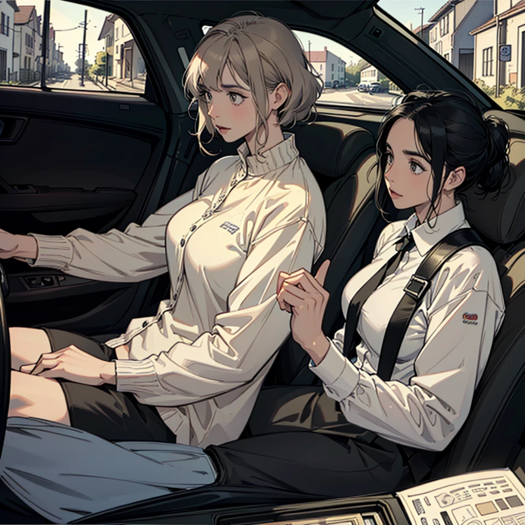 line drawing, comic strip, monochrome, lighting, Ana, Lucas, Mariana and Pedro are in a car, driving to an old abandoned house in the village of Sr. Edward. Ana is filming for a college project about urban legends.
