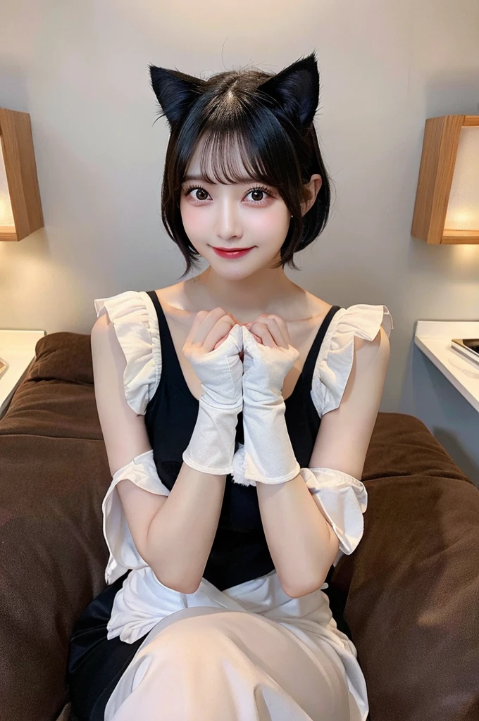 nsfw、Cat Cosplay、(Big Breasts)、(whole body)、(own hands together:1.5)、double eyelid、Highest quality, Very detailed, Fine details, High resolution, 8K, Perfect dynamic composition, Beautiful details, ,Natural color lip, A shy smile,Beautiful 20 year old woman、The only person, Cute type、Black Hair、Glamorous Body、alone、whole body、Downlight、bedroom、Two arms、Short Hair