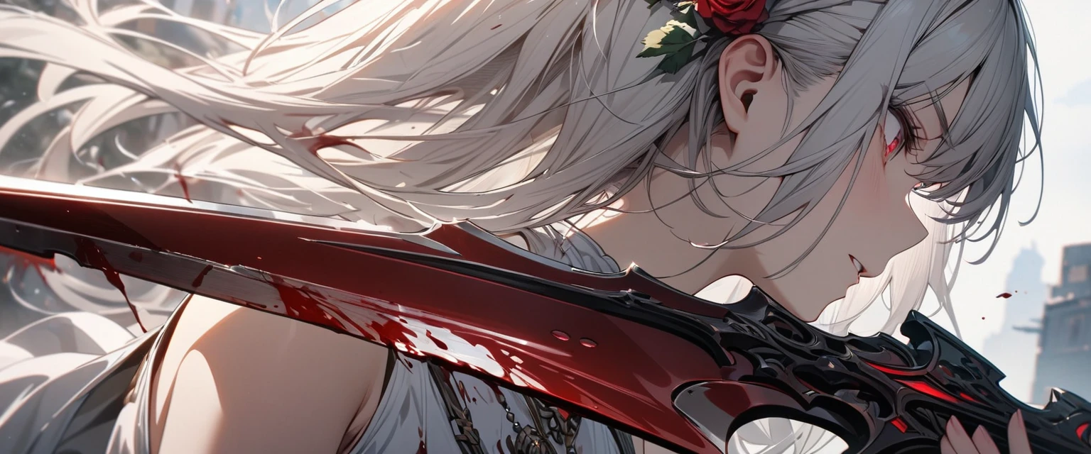 Young girl, long white hair, red eyes, rose in hair, blood blade, white dress, sleeveless,, blood, Masterpiece, best quality, Full HD, 8k, ultra details, great graphic