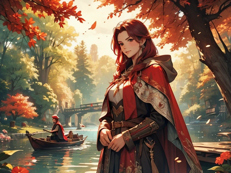 an illustration of a fairy with a beautiful red cape, 1girl, forest, soil, hood, nature, looking at the viewer, red eyes, red hood, colorful hair, hooded cape, tree, short dress, cape, shine, fantasy, Intricate, elegant, highly detailed digital painting.
In the background, a boat on a river. The boat is made of wood and has a dark brown hull. He sails on a calm and narrow river, surrounded by trees and flowers. The trees are tall and leafy, with bright green leaves. The flowers are colorful and varied and are scattered along the banks of the river. In the foreground of the painting we can see the bow of the boat. The boat sails towards the viewer and the water is calm and reflective.