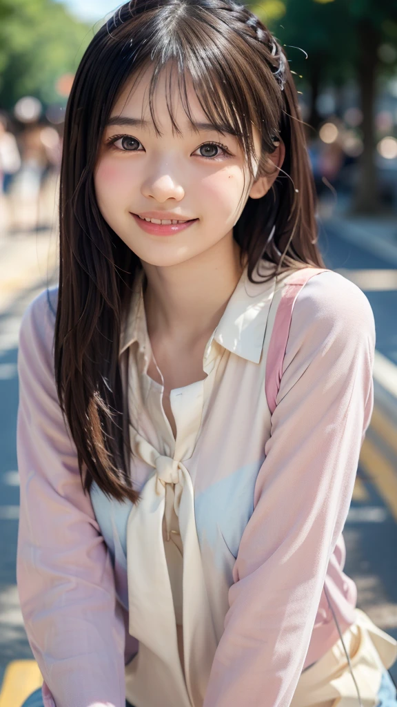 masutepiece, Best Quality, 8K, 1girl in, Good Hand, , Lively, Active, Life Force, Luminescent, Looking away, Raw photo, F/1.8, 135 mm, NIKON, Anatomically correct, Bokeh,Textured skin, Professional Photography, Portrait, Soft light, Professional Lighting, Solo, (Smile), Cute, Girly, Digital SLR, Film grain, (Eyes and faces with detailed:1.0), 8K Wallpaper, Residential area