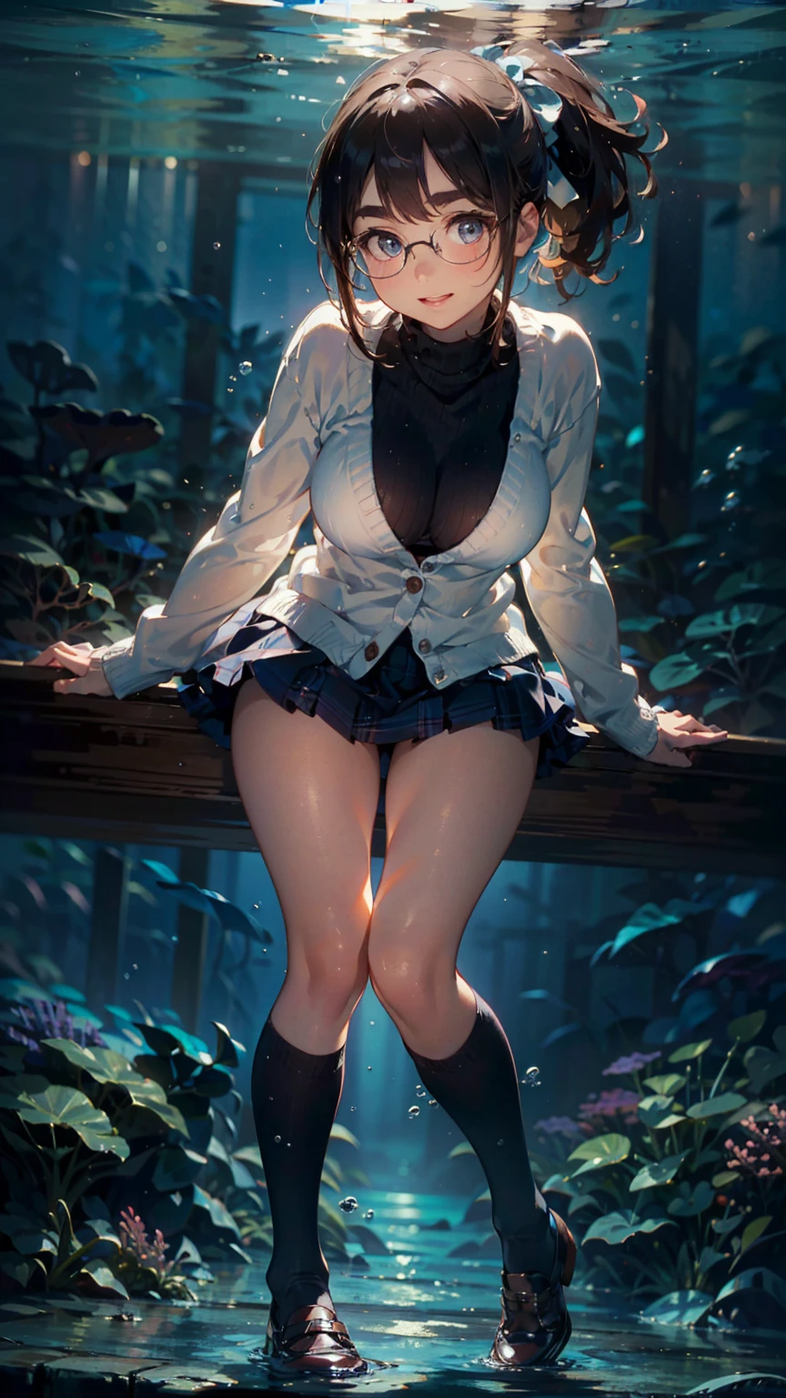 8K quality,(super masterpiece:1.3),Highest quality,Detailed Images,1 female,symmetrical beauty,20th Generation,Medium build,(smile,smile),(Black Hair,Curly Hair,High Ponytail,Big hair ribbon),(Thick eyebrows,Thick eyebrows),(Droopy eyes,blue eyes,Blue Eyes,Bright Eyes),(Thin glasses,Thin-rimmed glasses,Small glasses),(Large ,F cupの胸),Tan Skin,(cardigan,Turtleneck sweater,Checkered Skirt,Long tights,Brown shoes),Draw the whole body,sit,Lift up your skirt,Lift up the skirt,(background:Deep Underwater,Full body in deep water,Fantastic underwater),(Face directly towards the camera,Looking directly at the viewer,looking at the camera,The body faces the viewer,The body is facing the direction of the camera,Face looking straight into the camera).