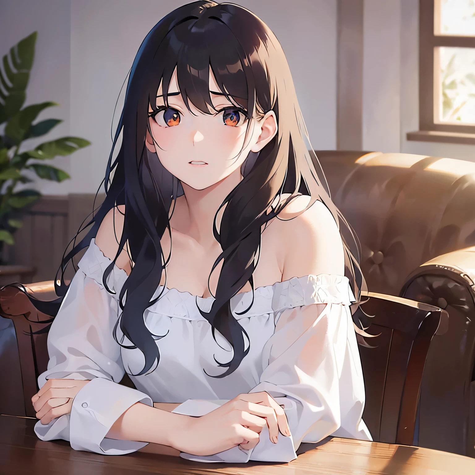 (looking away:1.5), Realistic, real person, (pale skin: 1.2), RAW photo, photorealistic, shiny skin, shiny hair、 (A 35-year-old woman with medium-length hair and bangs) and (wavy hair) and (brown hair) and (Orange Eyes)、 (white) and (off shoulder blouse) ,The background is the living room、Arms crossed、I'm frustrated