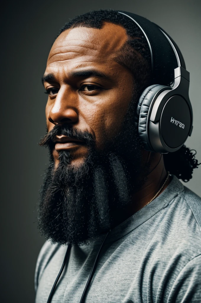 Rapper about 40 years old with a well undegraund beard,with headphones on,en comic undegraund,23k from Hyperreal.