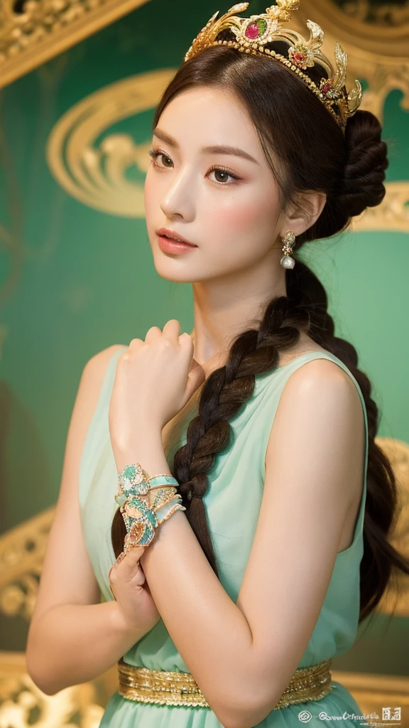 （lifelike， high resolution：1.3）， A beauty with a straight nose like a jade sculpture，Wearing a delicate jade bracelet on the wrist，Long hair braided into a complicated bun，Wearing a gorgeous phoenix crown，Show royal style，Skin as smooth as porcelain，Noble and elegant style，Rich in color and，Like a palace mural。