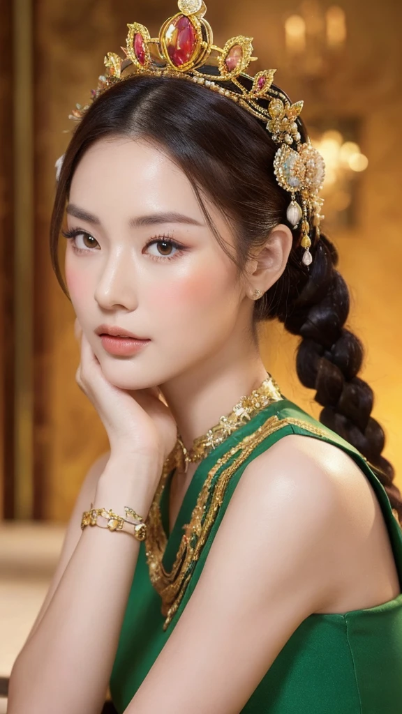 (lifelike, high resolution:1.3), A beauty with a straight nose like a jade sculpture,Wearing a delicate jade bracelet on the wrist,Long hair braided into a complicated bun,Wearing a gorgeous phoenix crown,Show royal style,Skin as smooth as porcelain,Noble and elegant style,Rich in color and,Like a palace mural。