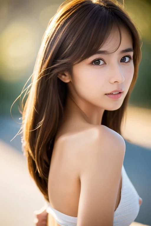 masterpiece, Best Quality, 8K, 1girl, Correct human hands, correct human fingers, Skinny Japanese woman, Cute, Girly, Delicate woman, Neat and clean beauty, small breast, very thin waist, sexy lips, luminescence, Looking away, Raw photo, F/1.8, 135 mm, CANON, Anatomically correct, bokeh,Textured skin, Professional Photography, Soft light, Professional Lighting, back light, Film grain, (Eyes and faces with detailed:1.0), brown hair, medium hair swaying in the wind, Silk Blouse,