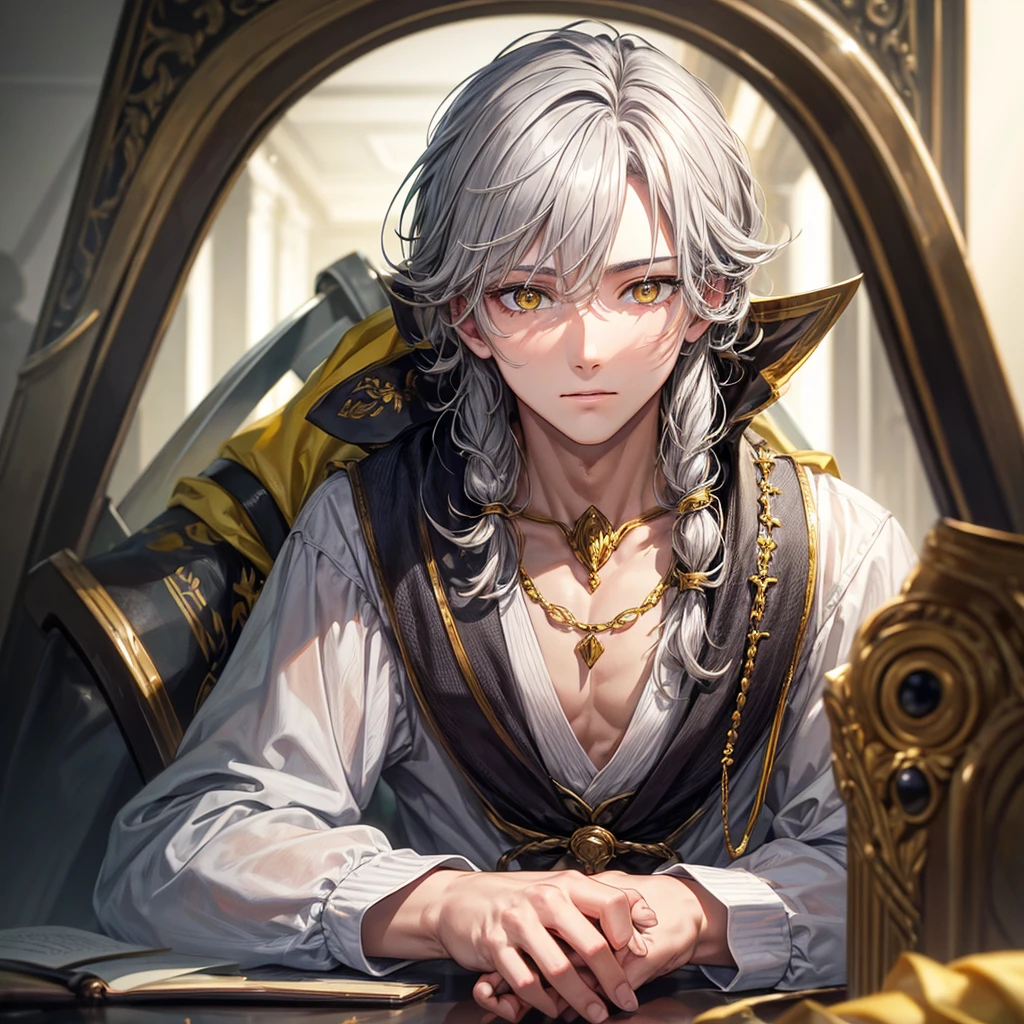masterpiece, best quality, , 1boy, solo, male focus, looking at viewer, , depth of field, youm_farmenas, grey hair, yellow eyes, , ,