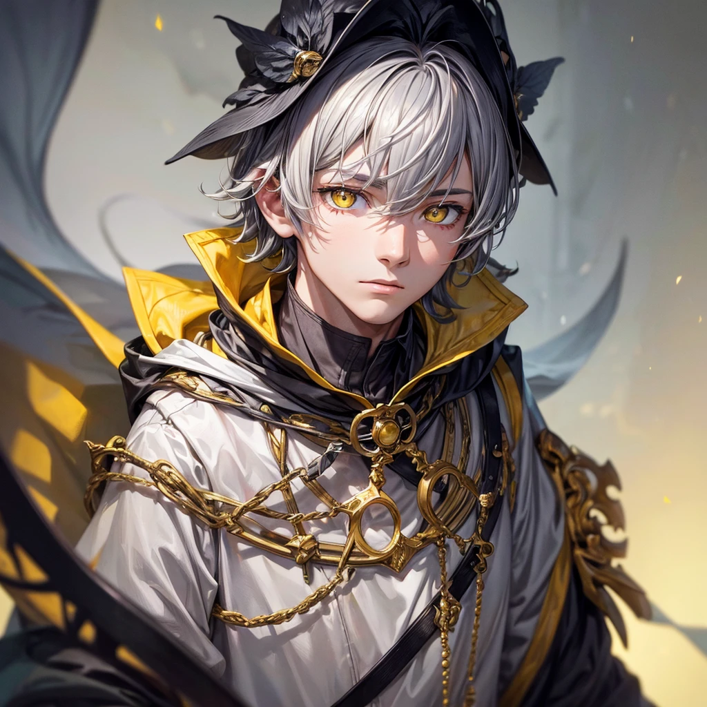 masterpiece, best quality, , 1boy, solo, male focus, looking at viewer, , depth of field, youm_farmenas, grey hair, yellow eyes, , ,