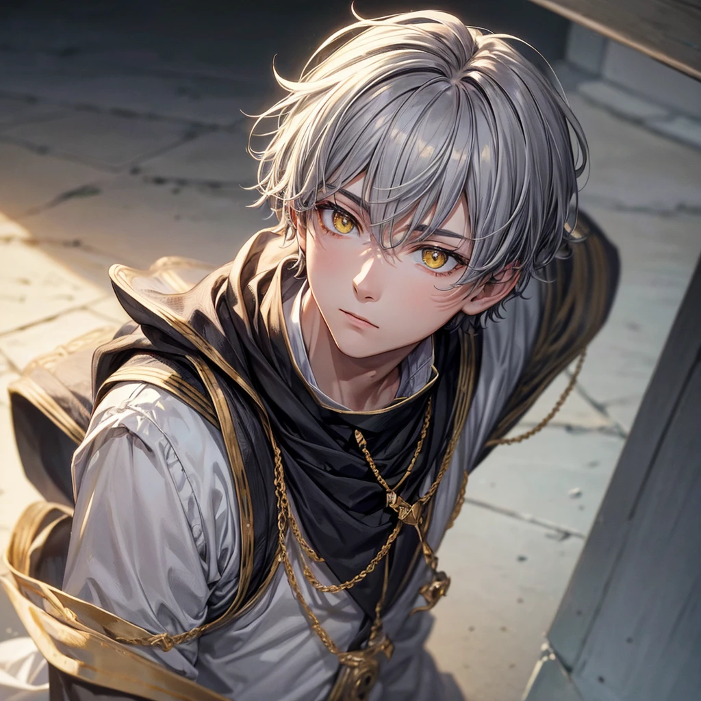masterpiece, best quality, , 1boy, solo, male focus, looking at viewer, , depth of field, youm_farmenas, grey hair, yellow eyes, , ,