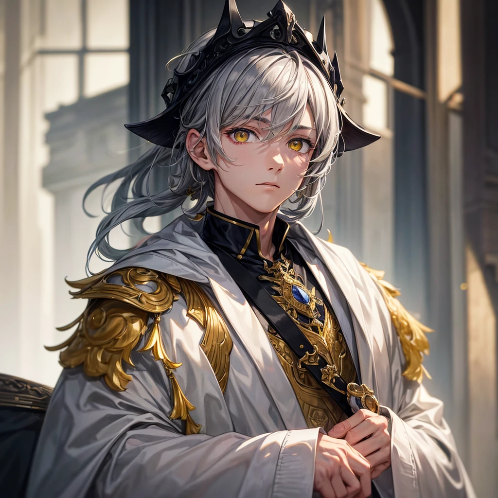 masterpiece, best quality, , 1boy, solo, male focus, looking at viewer, , depth of field, youm_farmenas, grey hair, yellow eyes, , ,