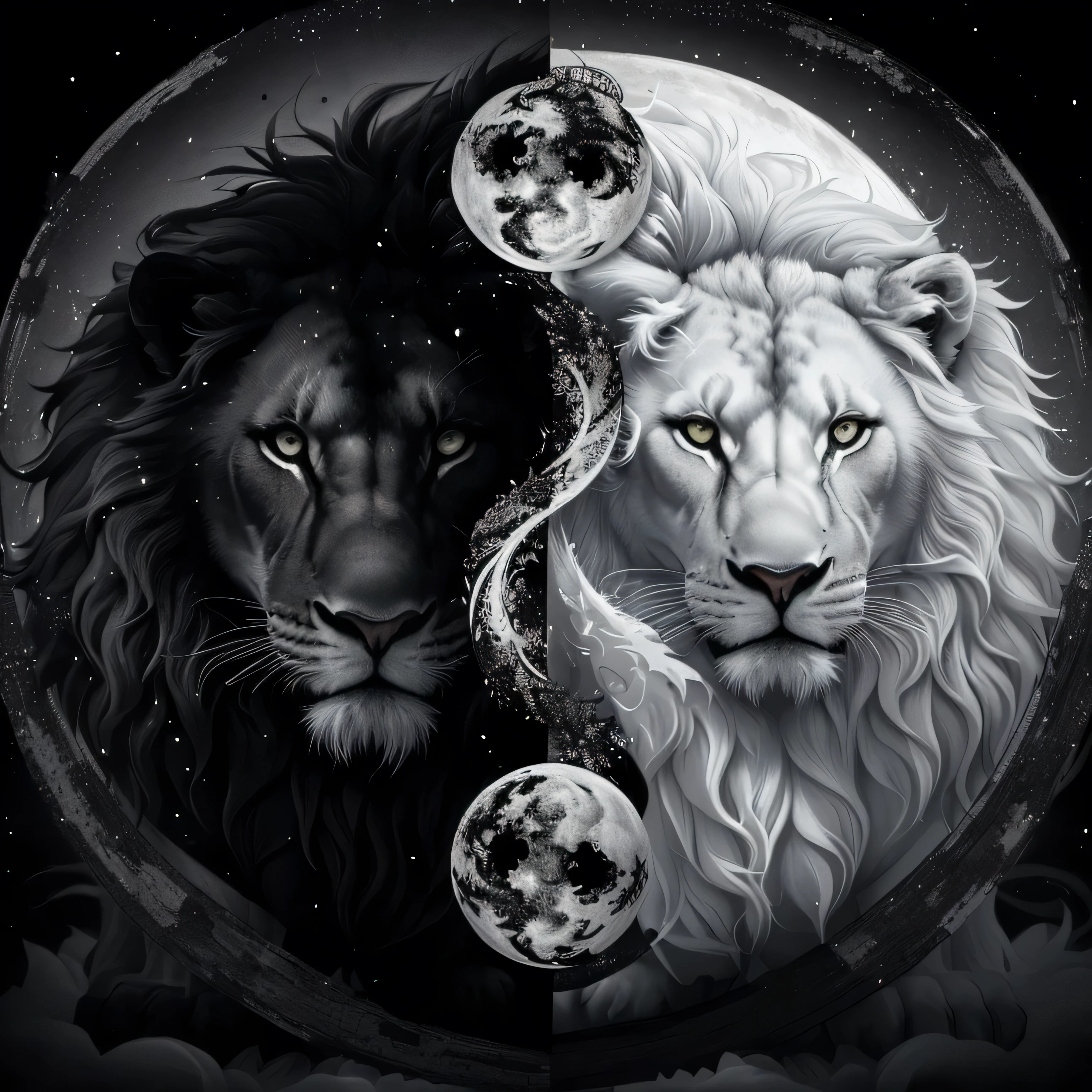 a close up of two lion in a circle with a full moon, yin and yang, half lion, Black & White, Black and Whitehighly detailed, lion, Black an White, yin yang, author:Jeanna Bauck, Black and White, black and white, two pure moons, Black-and-White, Duality, Black and White artwork