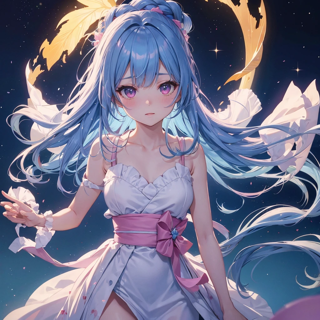 Sky blue hair, (One braided ponytail),(Pink Eyes),Fair skin ,(whole body),(One girl),White yukata,Tanabata,(The Milky Way in the night sky),Hollow Eyes,Blushing,Straight bangs,,Wedding dress,(masterpiece, Highest quality, Very detailed, Best Shadow), (Detailed Background), (Beautifully detailed face), High Contrast, (Best lighting, Very delicate and beautiful), ((Cinematic Light)), colorful, Hyper Detail, Dramatic Light, Intricate details,Reaching out,