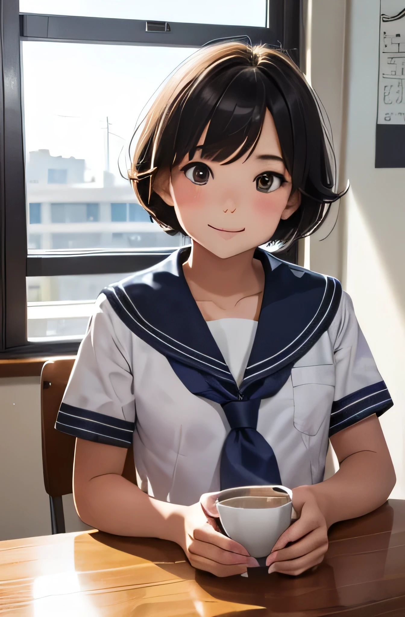  in sailor suit,summer,short hair,smile,Short sleeve,Round table,Sit down,Drink coffee,8K, Highest quality, masterpiece