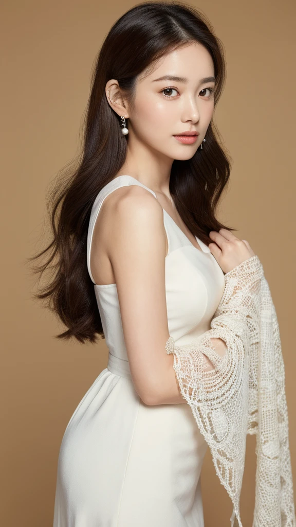 (lifelike, high resolution:1.3), A woman with a face as round as a full moon,Pearl earrings hanging from the ears,Long hair shawl,exudes natural fragrance,Wearing a simple wind long skirt,Show the beauty of intelligence,Soft complexion,Simple and elegant style,Elegant and tranquil colors,Like a figure in an old photo。