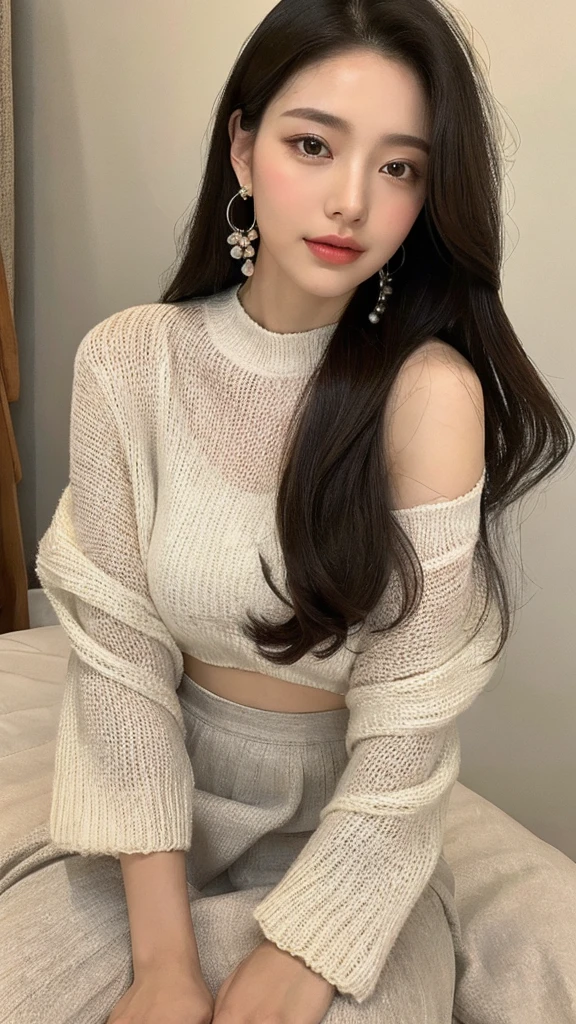(lifelike, high resolution:1.3), A woman with a face as round as a full moon,Pearl earrings hanging from the ears,Long hair shawl,exudes natural fragrance,Wearing a simple wind long skirt,Show the beauty of intelligence,Soft complexion,Simple and elegant style,Elegant and tranquil colors,Like a figure in an old photo。