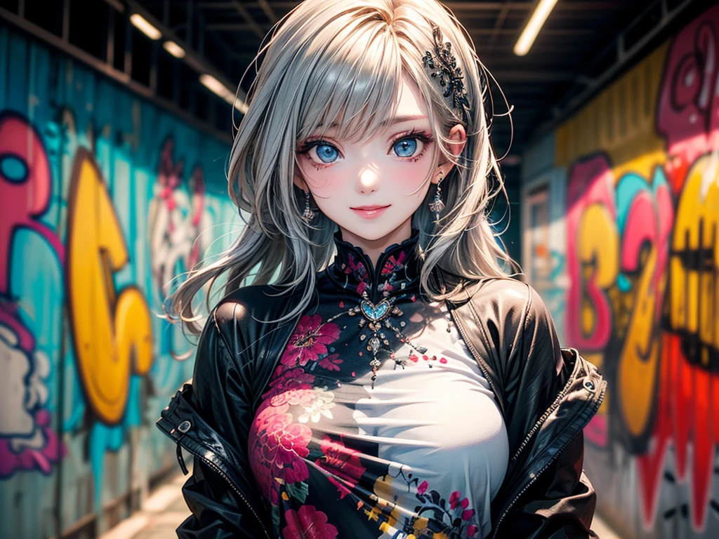 (​masterpiece),(top-quality:1.2),(perfect anatomy),(1 girl),beautiful detailed blue eyes,silver hair,((latest trend clothes)),Street fashion,colorful oversize clothes,cute costumes,(Highly detailed elegant), Detailed skin,Add a dramatic and symbolic element to your scene, Silky to the touch,There is a mysterious and fascinating atmosphere,Through delicate lines and gorgeous colors,Make her beauty more vivid,Captivating smile,graffiti wall,street art,girl standing against graffiti wall