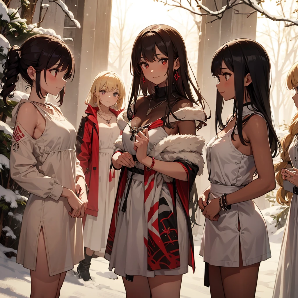 a group of beautiful witch girls in the middle of a forest in the night,snowy forest, snow, black clothes, black and red clothes, necklaces, girls standing,short skirt, sexy ,exposed shoulders light dress, transparent dress, girls standing in the middle of the forest , bracelets, earrings, completely naked tribal tattoos, three girls, blonde hair, black hair , red hair, smile
