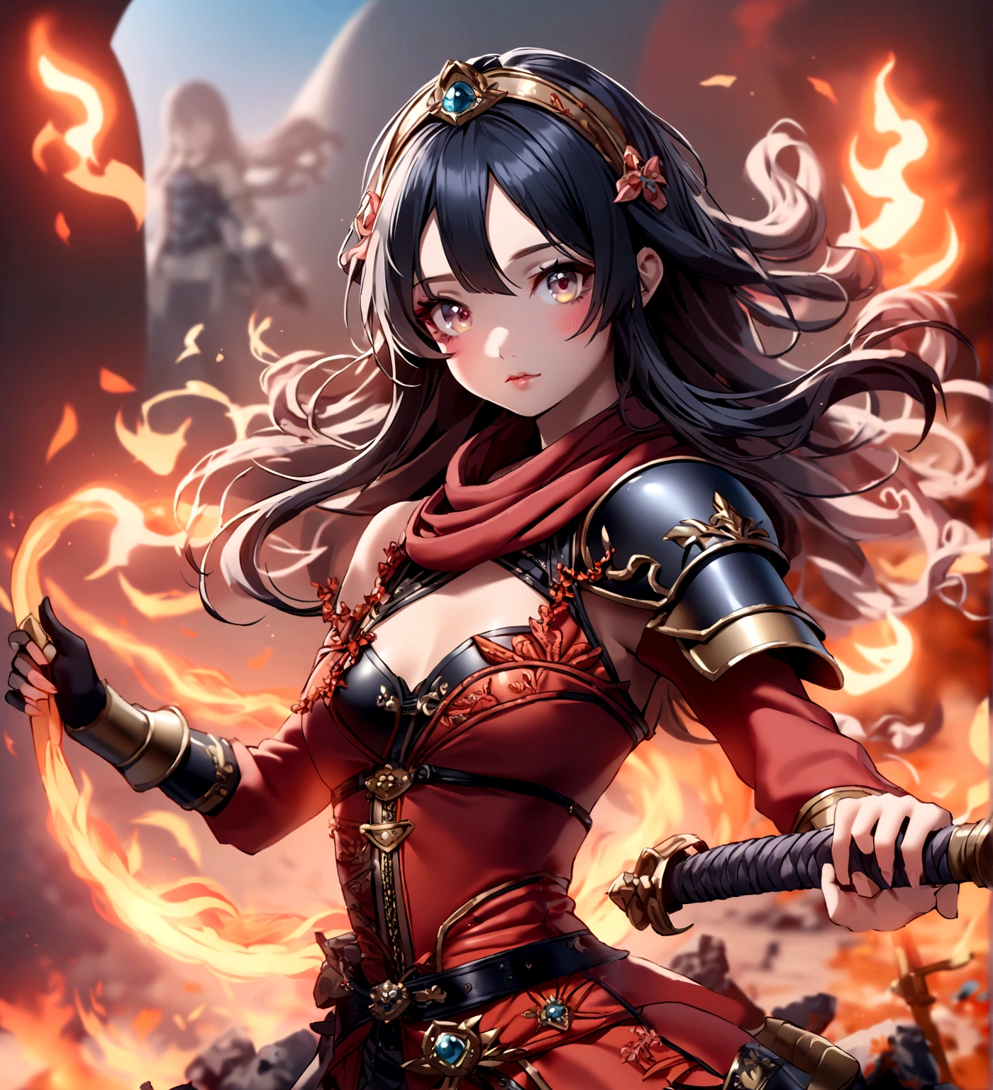 One girl, armor, Blurred, Blurred background, Braiding, full armor, Holding, Holding weapon, Long Hair, View your viewers, alone, alone focus, Are standing, sword, Weapon images_you
